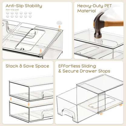 Criusia Stackable Storage Drawers, 4 Pack Clear Plastic Makeup & Bathroom Organizer, Versatile Storage Bins for Vanity, Under Sink, Kitchen Cabinets & Pantry