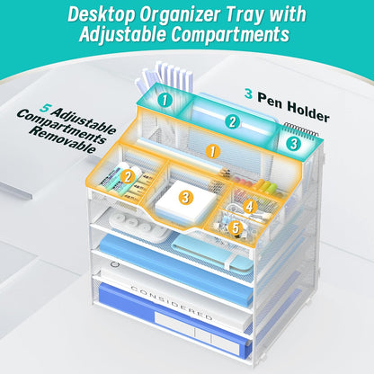 5 Tier Mesh Desk Organizer,Multi Functional Letter Paper Tray with 3 Pen Holders and 5 Adjustable Storage Compartments for Office Supplies Files and Mail Space Saving Desktop Organizer-Black