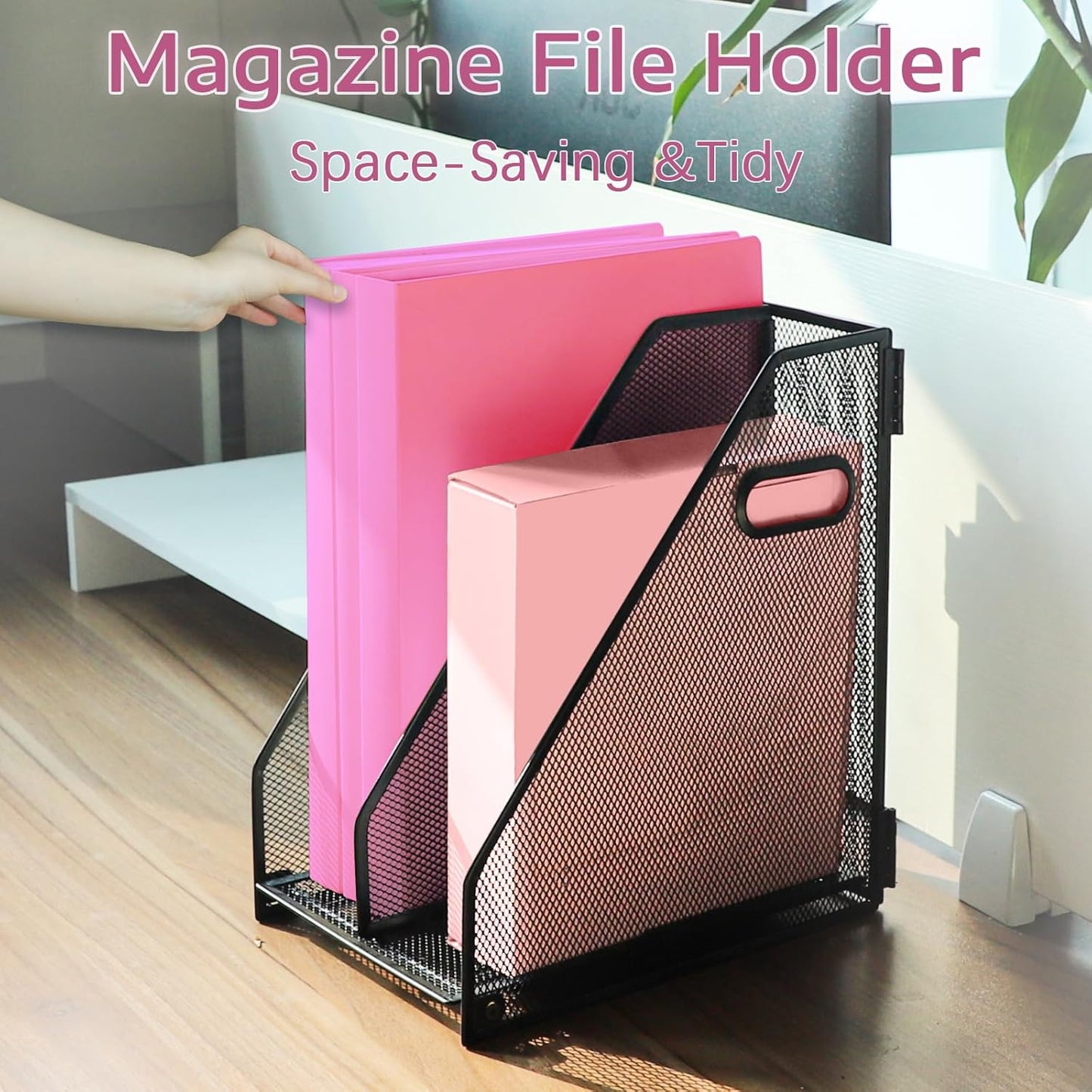 Desk Organizers, Metal Magazine File Holder with 2 Vertical Compartments Rack Binder File Organizer for Office Supplies, Home Workspace - Black