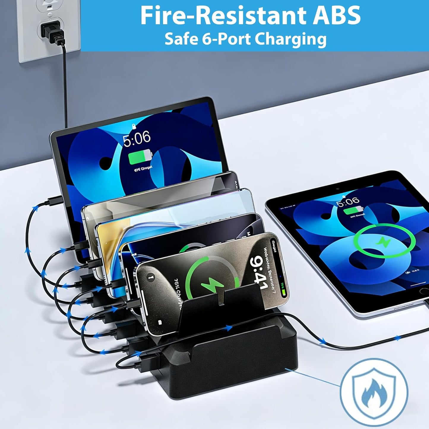 Charging Station for Multiple Devices, 6 Port USB Desktop Charger Dock Compatible with iPad, Samsung, Android, Tablet, Family Multi Phone Charging Organizer with Divider Holders, Fireproof ABS (White)