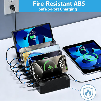 Charging Station for Multiple Devices, 6 Port USB Desktop Charger Dock Compatible with iPad, Samsung, Android, Tablet, Family Multi Phone Charging Organizer with Divider Holders, Fireproof ABS (White)
