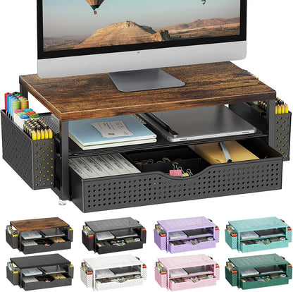 gianotter Wood Monitor Stand Riser, Office Desk Shelf Organizer, Desk Organizer with Drawer and Pen Holder, 2-Tier Computer Stand, Office Organization (Ink)