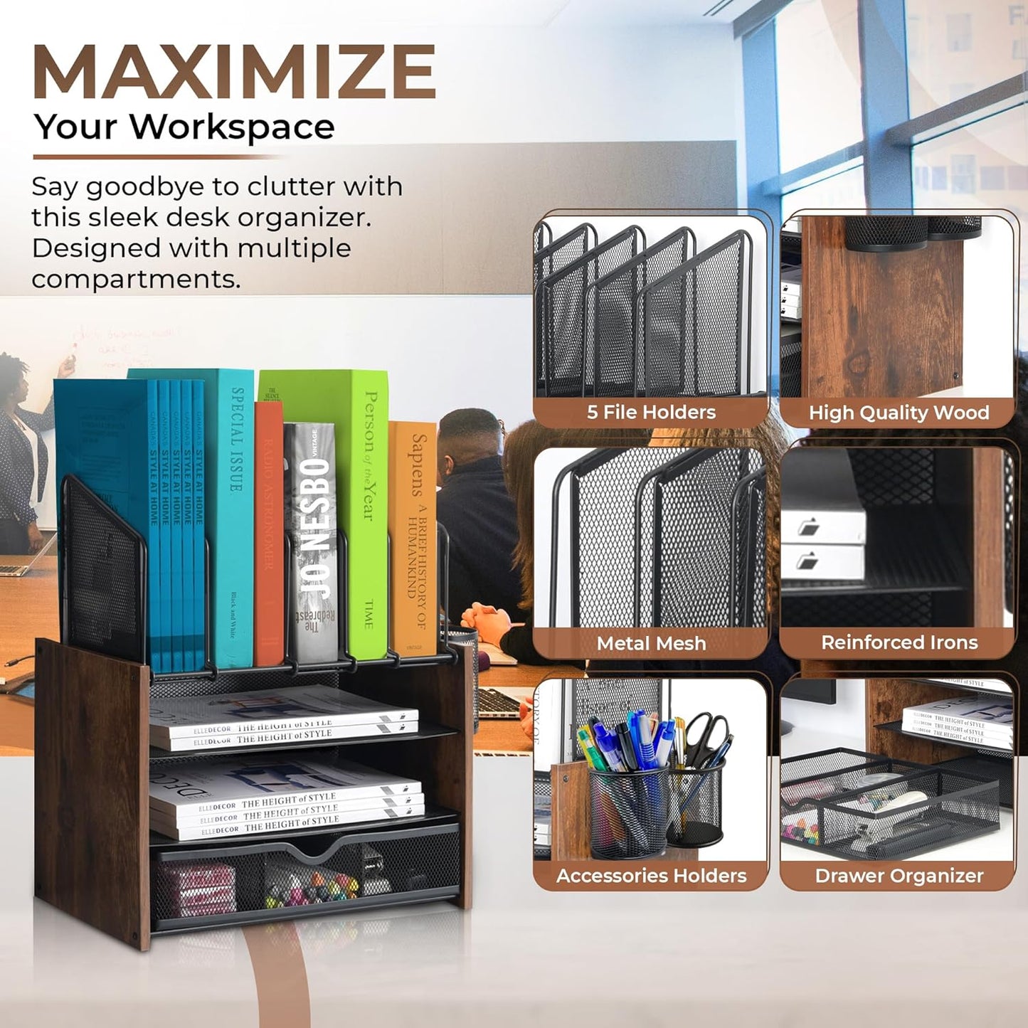 Wooden Desk Organizer - 4-Tier Desktop File Organizer with Drawer, Wooden Paper Tray, Vertical File Holders & 2 Pen Holders - Office Desk Organizer for Papers, Mail, Notebooks, Stationery