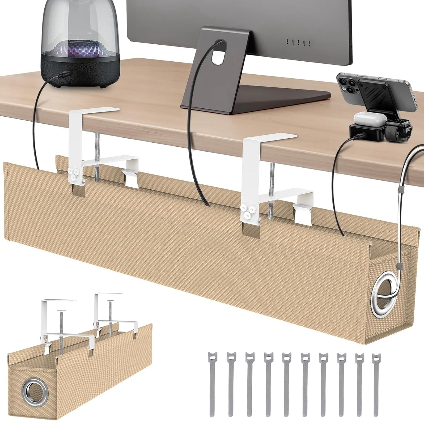 Under Desk Cable Management Tray, 30" Cord Organizer for Table with Oxford Fabric, 60LBS Capacity, No Drill Installation, Cable Management Fits Most Desks, Gaming Setup & Home Office