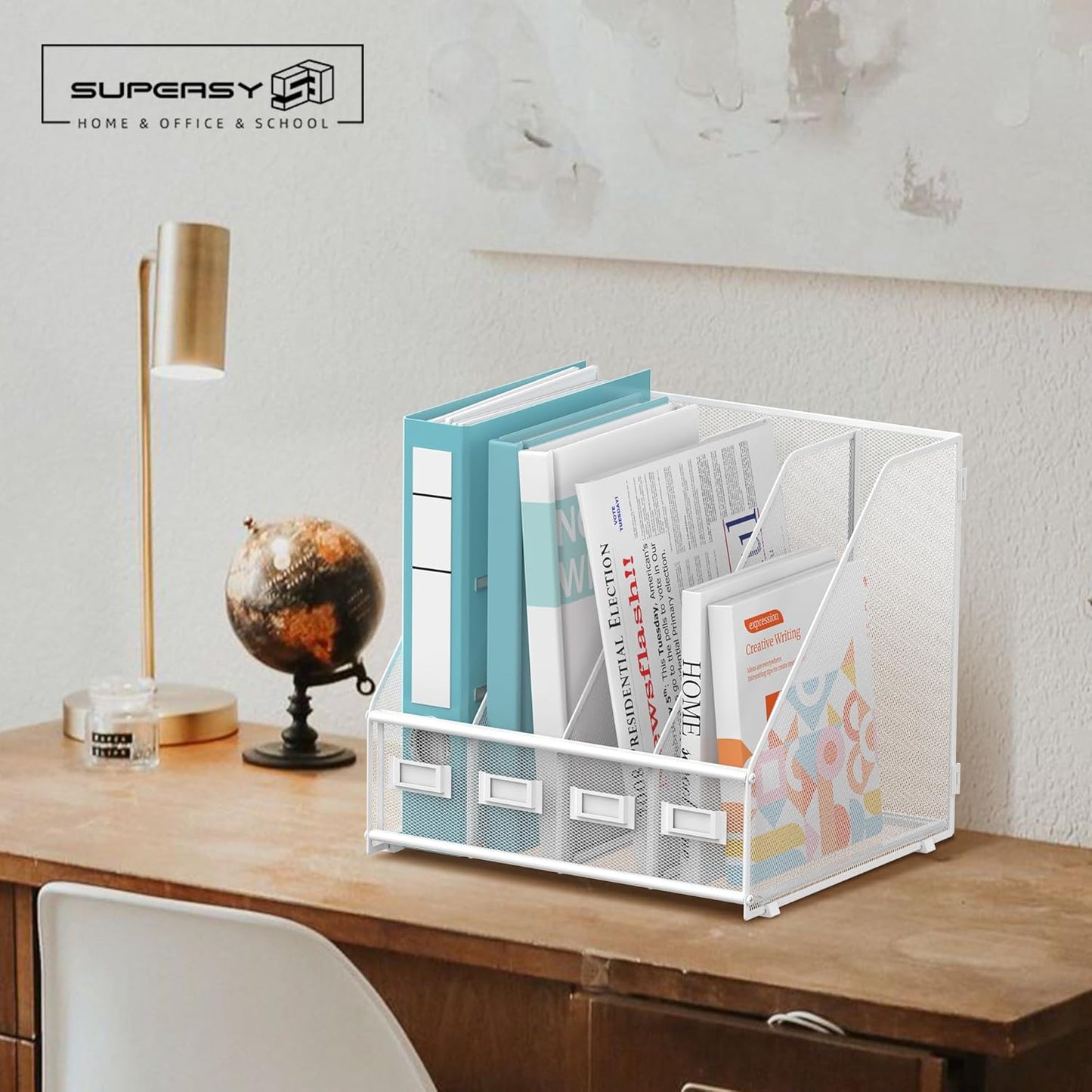 SUPEASY Magazine File Holder, Binder Holder Metal Desk Organizer with 4 Rack Compartments, File Organizer for Office Home School, Black