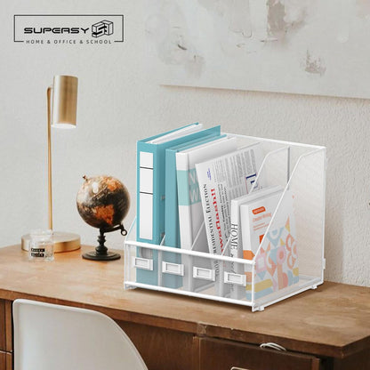 SUPEASY Magazine File Holder, Binder Holder Metal Desk Organizer with 4 Rack Compartments, File Organizer for Office Home School, Black