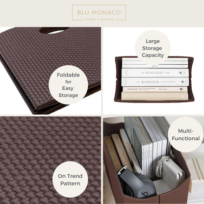 BLU MONACO Brown Woven Leather Magazine Holder Basket with Handles | Vertical File Organizer for Desk | File Folder Storage Bin for Office, Living Room or Bathroom