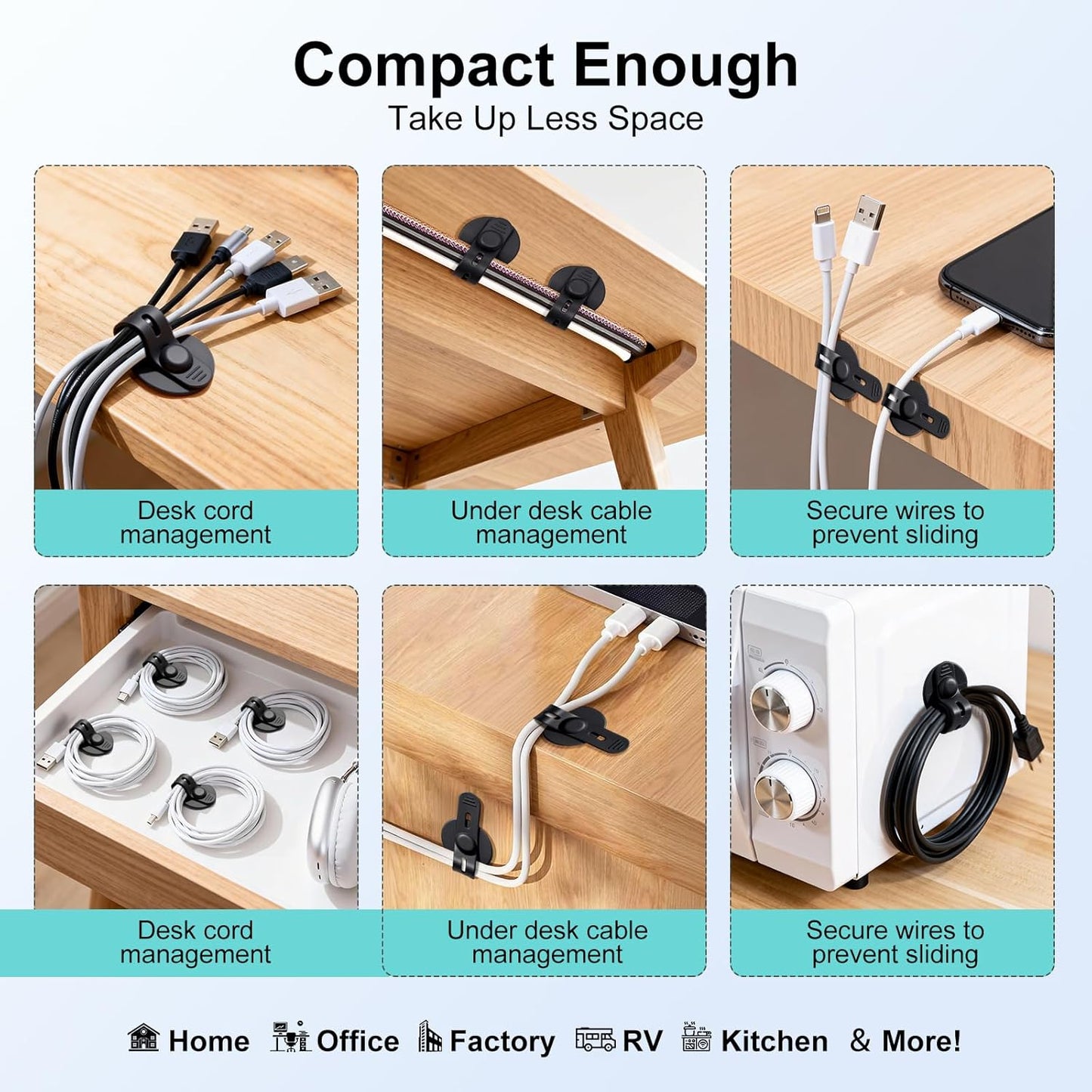 Cable Management Under Desk, 2026 New Upgraded Cord Organizer, Silicone Cable Ties Straps, Adjustable Wire Organizers for Cords, Self Adhesive Sticky-Back Cable Clips Hider Under Table, 12Pcs - Black