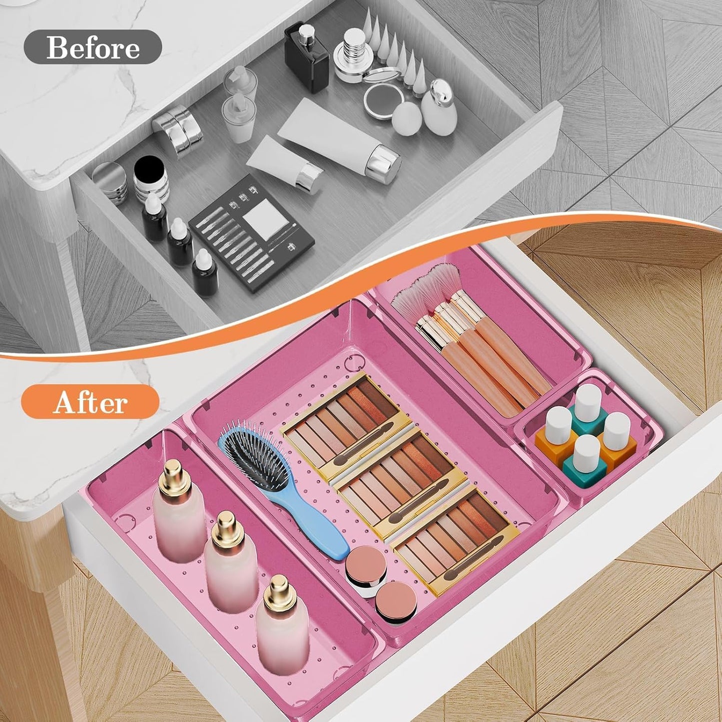 SpaceHacks 25 PCS Plastic Drawer Organizer Set, 4-Size Versatile Organizer Tool Trays & storage Bins for Makeup, Jewelry, and Gadgets in Bathroom, Bedroom and Office,Clear Black