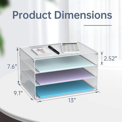DALTACK 3 Tier Letter Tray Paper Organizer for Desk, Mesh Metal Desk File Organizer with Sliding Trays for Letter/A4 Paper, Mail, Bills & Folders, Black