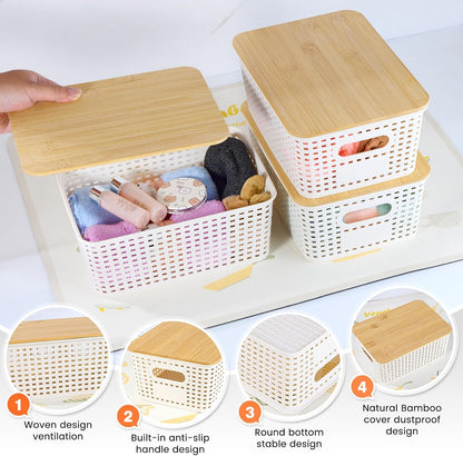 Ohmlove Plastic Storage Baskets With Bamboo Lid - Plastic Storage Containers Stackable Storage bins: Storage Baskets for Organizing Shelves Drawers Desktop Closet Playroom Classroom Office, 6 Pack