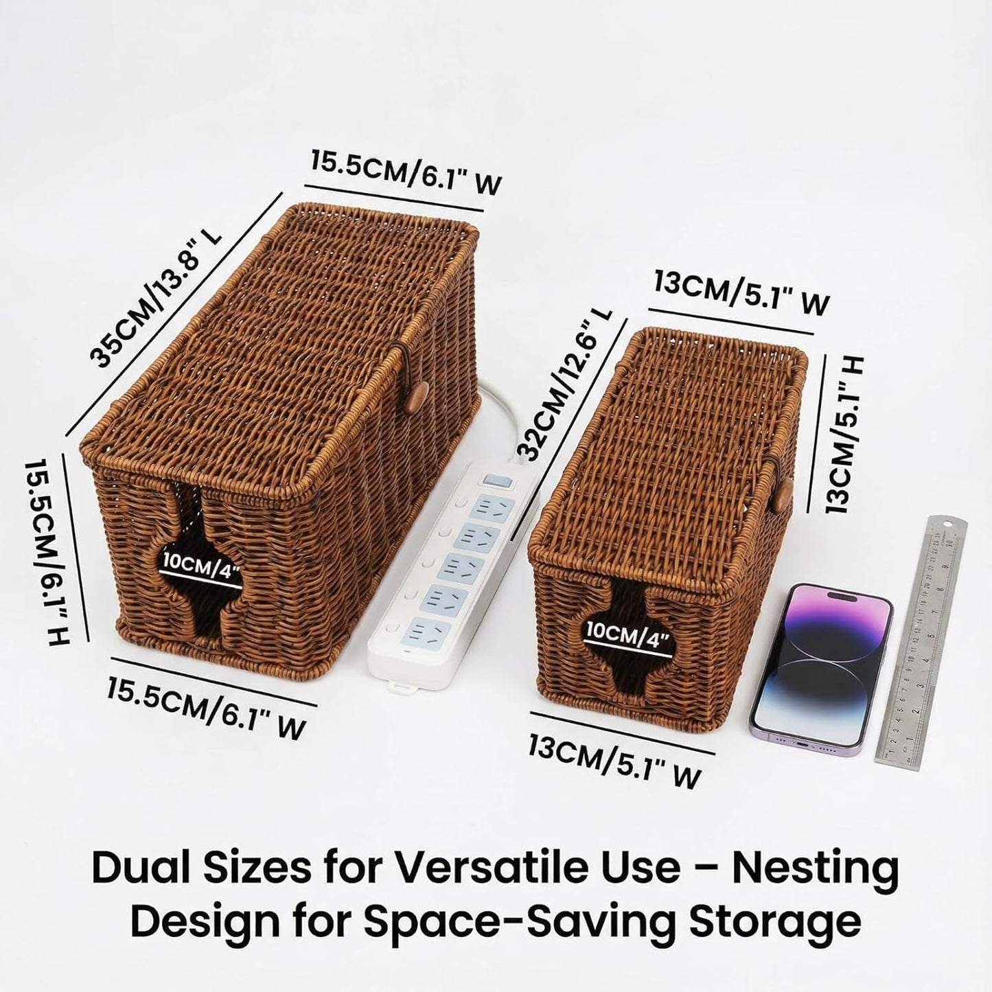 Wicker Cable Management Box, 2 Pack Large & Small Cable Organizer Box, Faux Rattan Hand-Woven Desk Organizer with 10 Cord Clips and 10 Ties, for Home Office and Charging Station