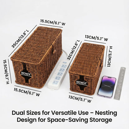 Wicker Cable Management Box, 2 Pack Large & Small Cable Organizer Box, Faux Rattan Hand-Woven Desk Organizer with 10 Cord Clips and 10 Ties, for Home Office and Charging Station
