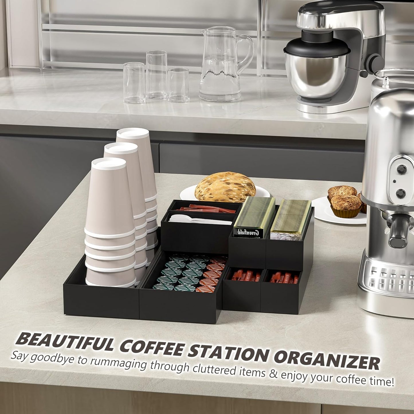 Kitchen Drawer Organizer Bins, Stackable Bamboo Drawer Organizer for Silverware, Flatware, Coffee Pod Organizer K Cup Holder for Countertop, 2 Pcs Coffee Station Organizer 12" x 6" x 2.5"