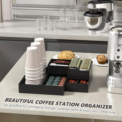 Kitchen Drawer Organizer Bins, Stackable Bamboo Drawer Organizer for Silverware, Flatware, Coffee Pod Organizer K Cup Holder for Countertop, 2 Pcs Coffee Station Organizer 12" x 6" x 2.5"