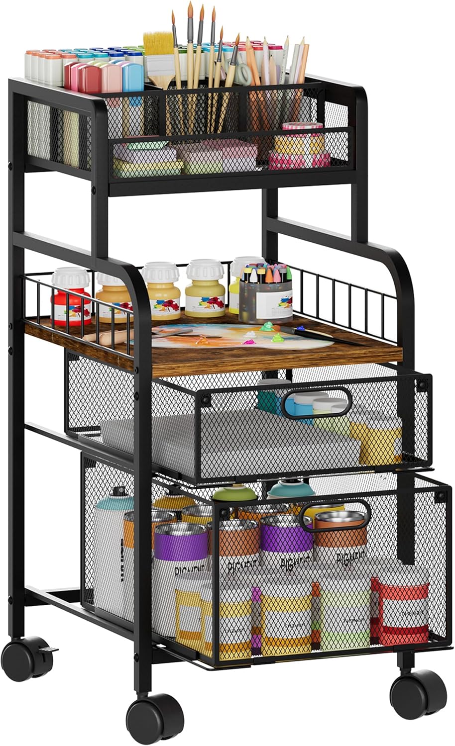 SWTYMIKI Rolling Cart with Drawers - Metal Utility Cart with Wood Shelf, DIY Divider and Locking Wheels, Craft & Art Cart Organizer for Under Desk Storage for Home Office Studio, Espresso