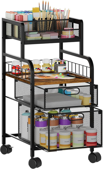 SWTYMIKI Rolling Cart with Drawers - Metal Utility Cart with Wood Shelf, DIY Divider and Locking Wheels, Craft & Art Cart Organizer for Under Desk Storage for Home Office Studio, Espresso