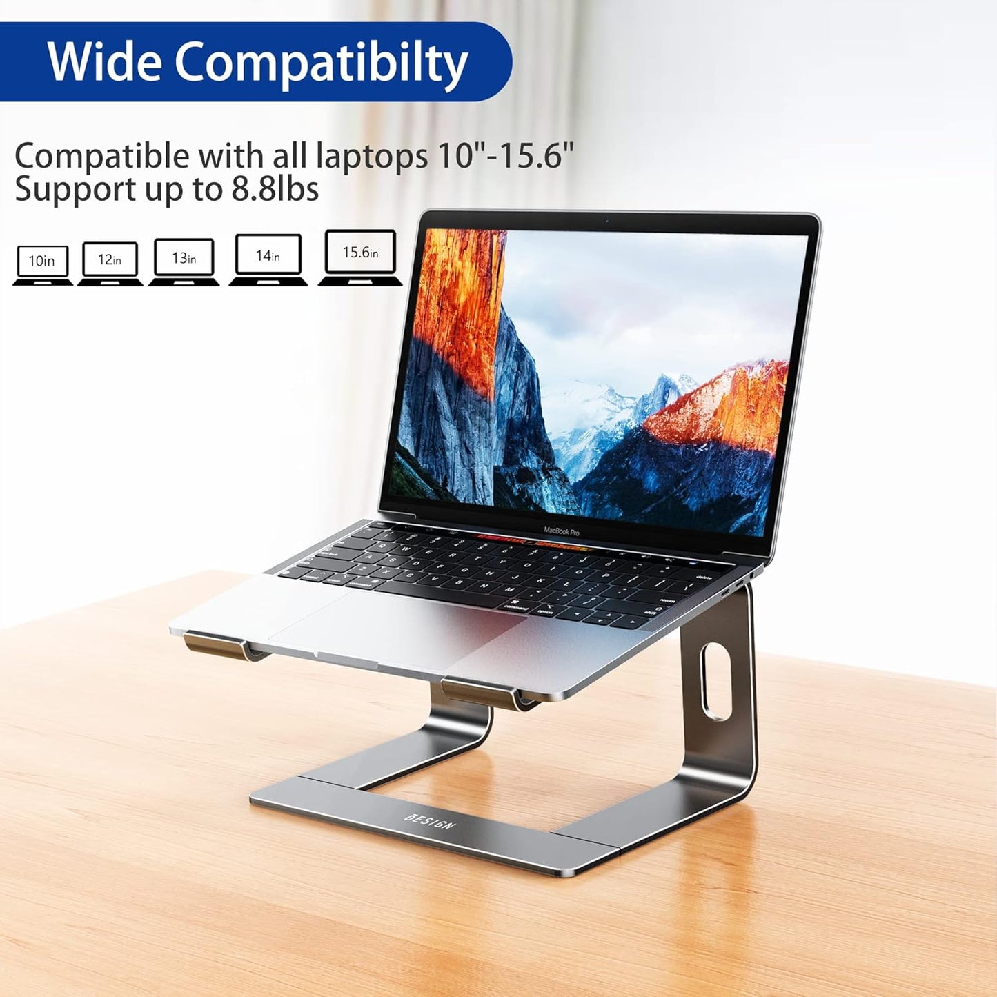 BESIGN LS03 Aluminum Laptop Stand, Ergonomic Detachable Computer Stand, Notebook Riser, Laptop Mount Compatible with Air, Pro, Dell, HP, Lenovo More 10-15.6" Laptops, Silver