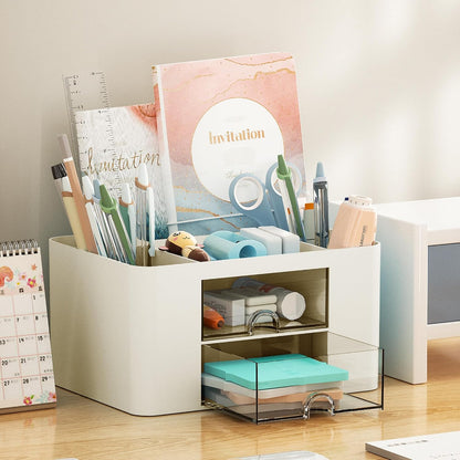 Marbrasse Pen Organizer with 2 Drawer, Multi-Functional Pencil Holder for Desk, Desk Organizers and Accessories with 5 Compartments + Drawer for Office Art Supplies (White)