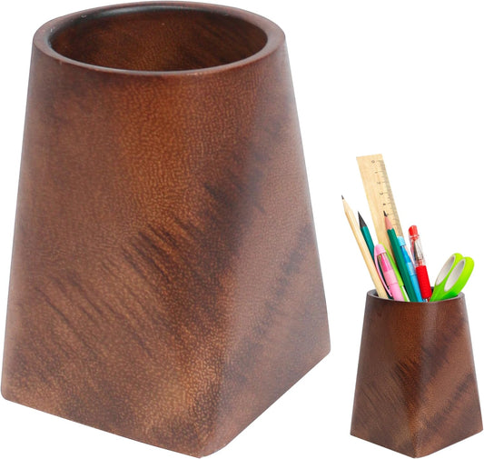 Walnut Pencil Holder, Wooden Desk Pen Holder, 4 Inch Wood Cup Organizer Caddy Stand, Vintage Rustic Box for Desktop Supplies Accessories Makeup Brushes Stationery Men Offices Decoration, Whole Piece
