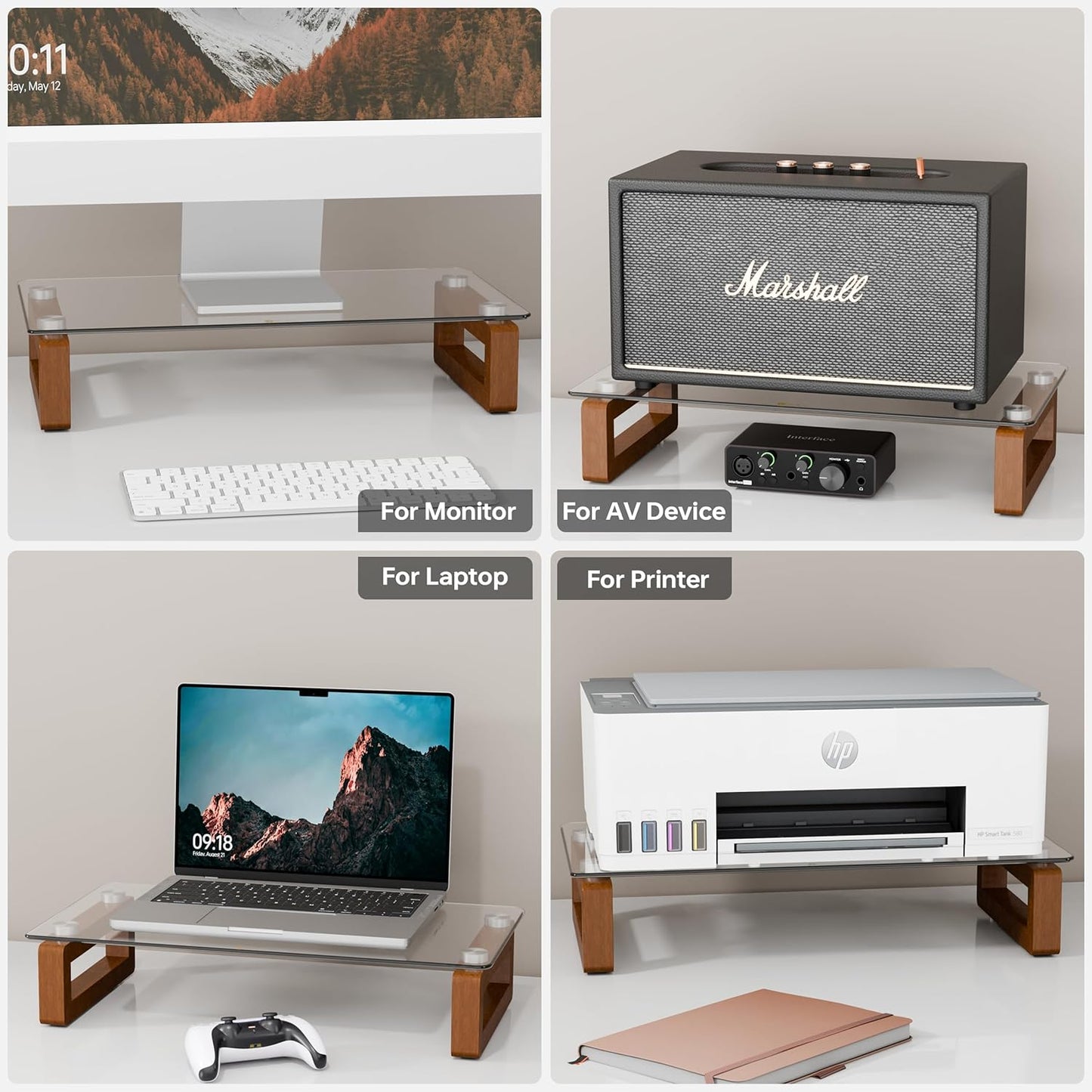 YEOUX Multi-Purpose Desktop Stand, Clear Floating Computer Monitor Riser with Natural Wood Base, Desk Organization Shelf for Printer, Laptop, Audio Device, Flat Screen