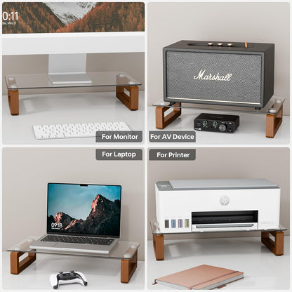 YEOUX Multi-Purpose Desktop Stand, Clear Floating Computer Monitor Riser with Natural Wood Base, Desk Organization Shelf for Printer, Laptop, Audio Device, Flat Screen