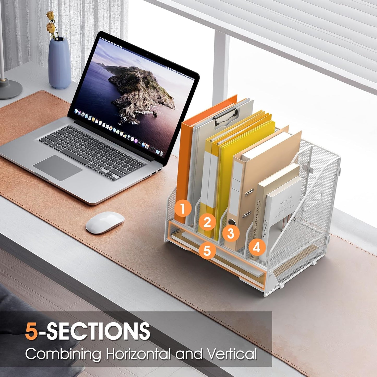 Desk File Folder Holder Organizer-5 Vertical Compartments Racks and Paper Letter Tray,Mesh Magazine File Holder Sorter,Desktop Accessories & Workspace Organizers for Home,Office,School-Black
