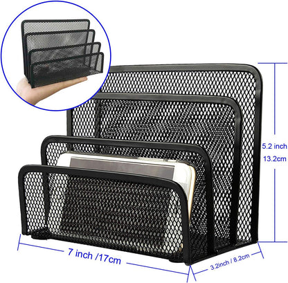Desk Mail Organizer, File Holder Letter Sorter with 3 Vertical Upright Metal Mesh Compartments Document, Filing, Folders, Mail, Paper Organizer for Home or Office Desktop (2PCS)