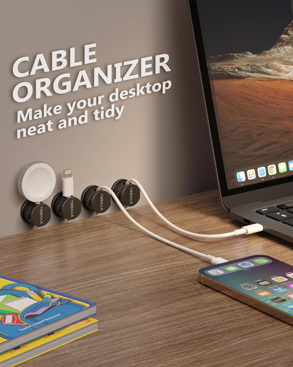 Magnetic Cord Holder 360°Rotation Cord Organizer, 6Pack Cable Clips [1s Lock] Adhesive Cable Management Desk Organizers and Accessories, Phone Charging Wire Holder for Nightstand,Car,Home Office