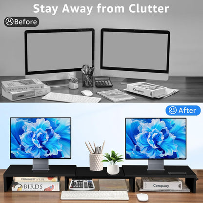 La Jaco Dual Monitor Stand Riser for 2 Monitors, Monitor Stand for Desk, Adjustable Length & Swivel Angle Wooden Desktop Organizer Stand Riser with Smartphone Holder for PC Monitor Laptop, White