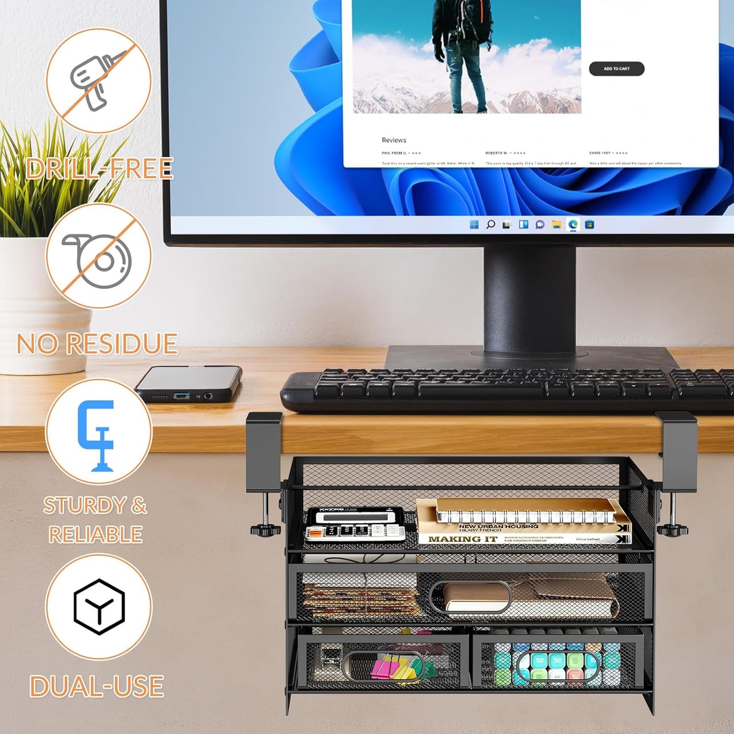 Under Desk Drawer Organizer 3 Layer, Large Under Desk Storage Side Drawers for Home & Office, Drill-Free Clamp-on Installation for Small Space, Spacious Storage for Office Supplies, Papers