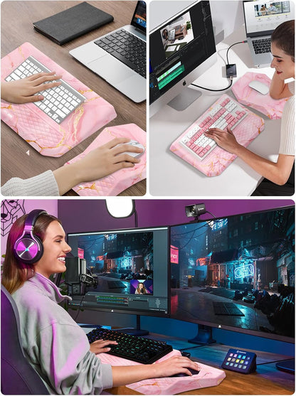 3-in-1 Ergonomic Keyboard Stand with Wrist Rest & Mouse Pad Set, Comfy Keyboard Riser Holder Soft Mousepad with Massage Design, Memory Foam and Non-Slip PU Base for Pain Relief, Black