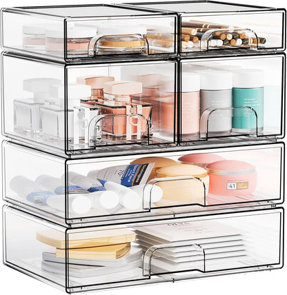 Yieach Clear Stackable Storage Drawers - Set of 6 - Acrylic Drawers,Bathroom Organizer Bin and Plastic Makeup Organizer,Clear Stacking Brightroom Storage Boxes for Vanity,Cabinet,Pantry Organization