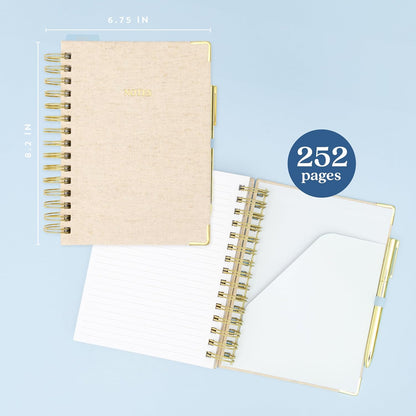 ELYN Lined Spiral Journal, Linen Hardcover Notebook with Matching Gold Gel Pen, 252 Pages, 8 in x 5 in - 100 GSM Premium Paper, Spiral Notebook for Home, Office, Notes & Gifts, (Linen)