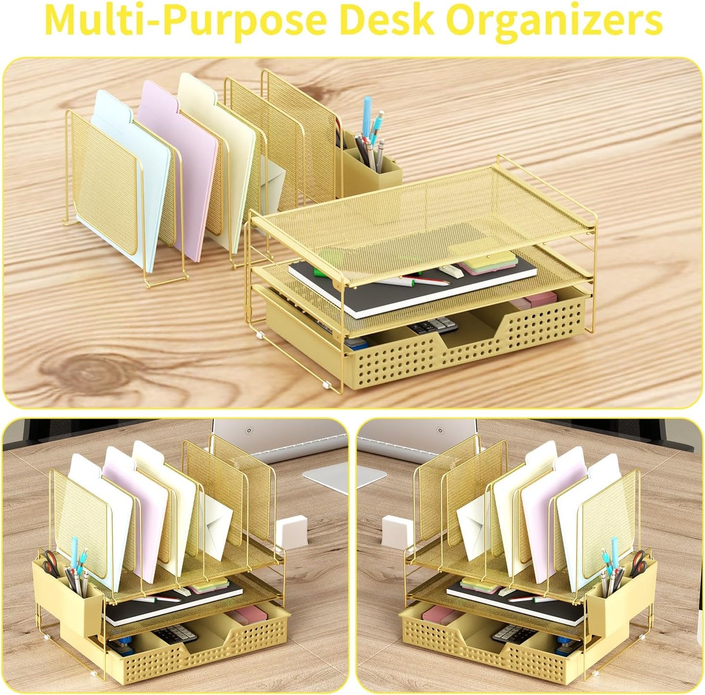 LEKETREE Desk Organizer, Office Organization with Vertical File Holder, File Organizer with Drawer and Pen Holder, Desk Accessories and Workspace Organizers for Home Office (Black)