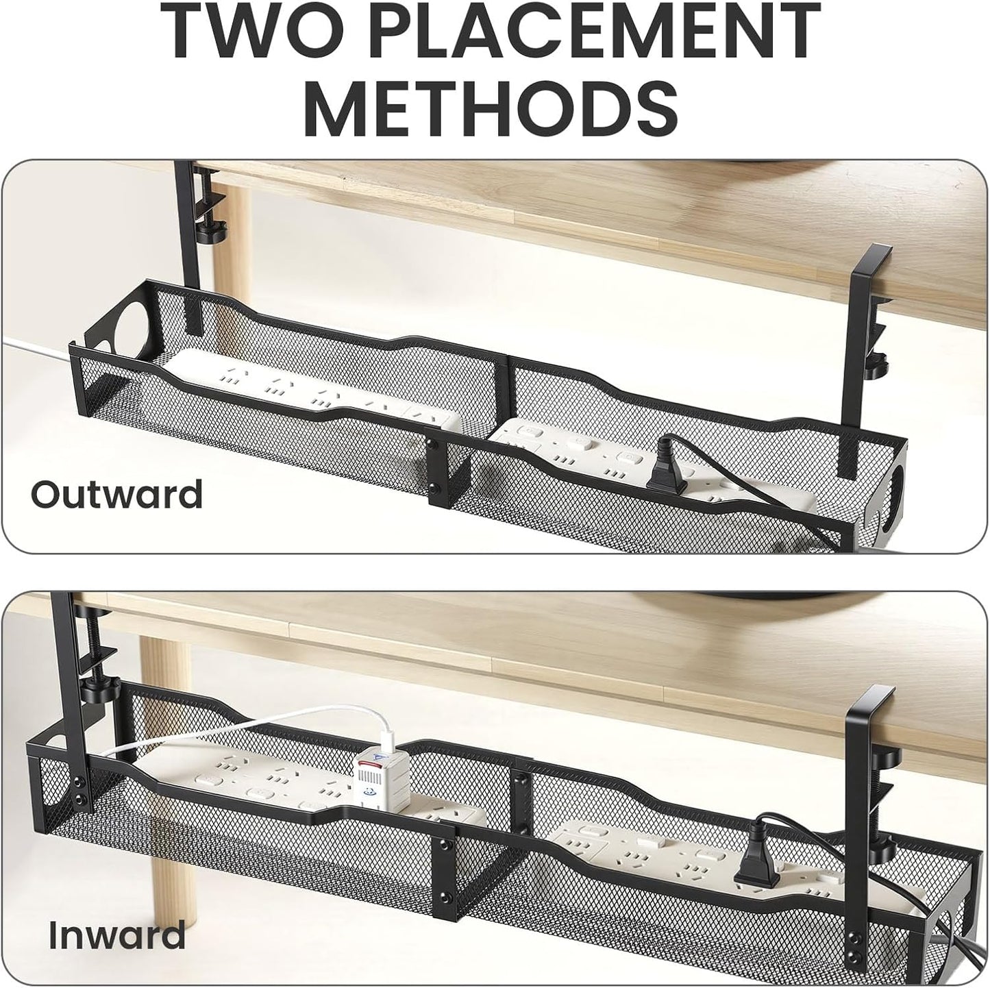 25'' Cable Management Under Desk No Drill，Metal Desk Organizer Suitable for Home desks or Standing desks ，Electrical Cord Management with Clamp