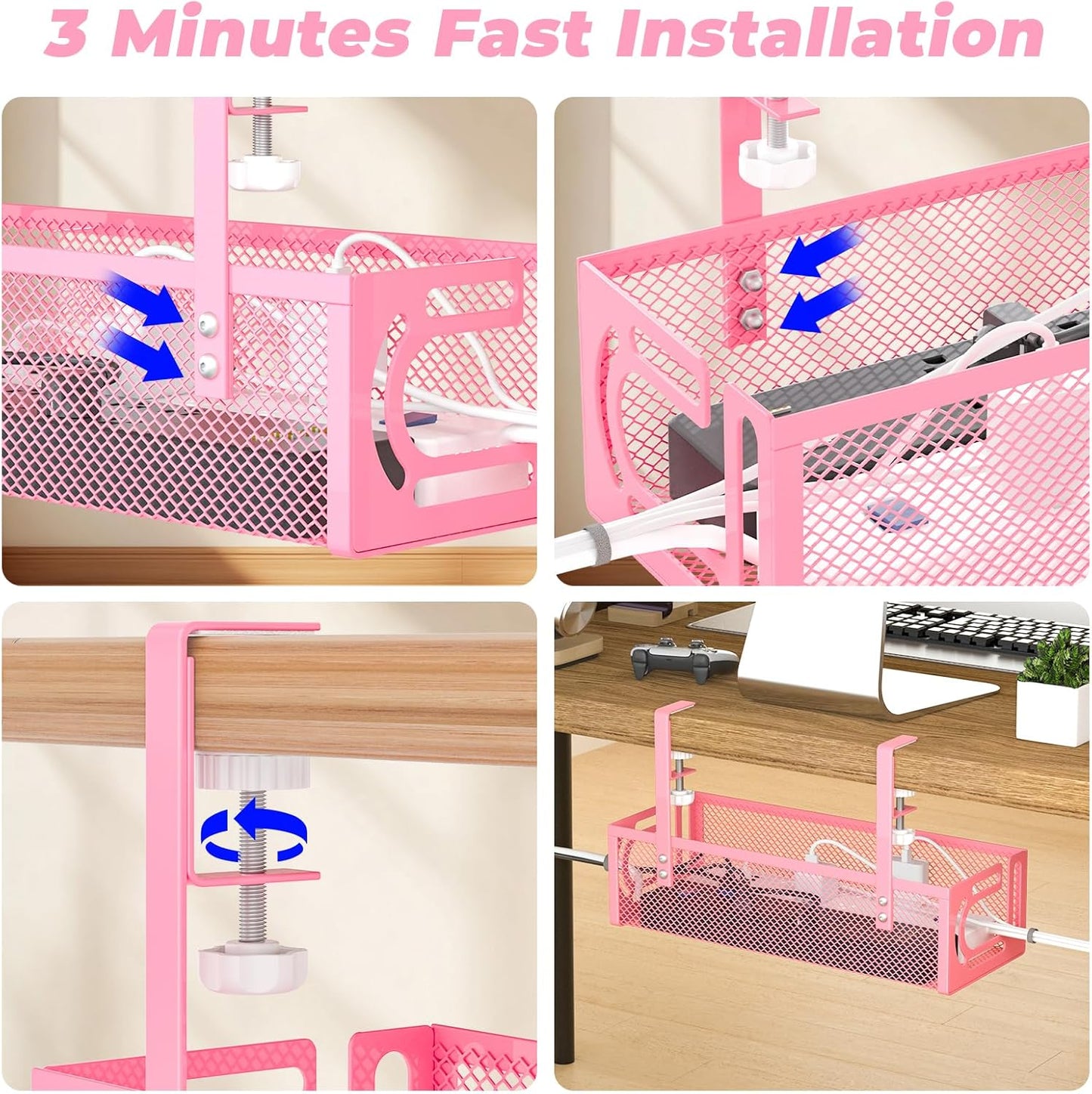 Under Desk Cable Management Tray, 15.7'' No Drill Steel Desk Cable Organizers, Wire Management Tray Cable Management Rack (1 Pack-Black)