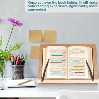 Book Stand for Reading,8 Adjustable Height Holder Tray with Page Clips for Textbook/Cookbook/Music Scores/Tablet/,Lightweight Reading Hands Free Desktop Document Book Mount,Bamboo Holder-Oak Brown