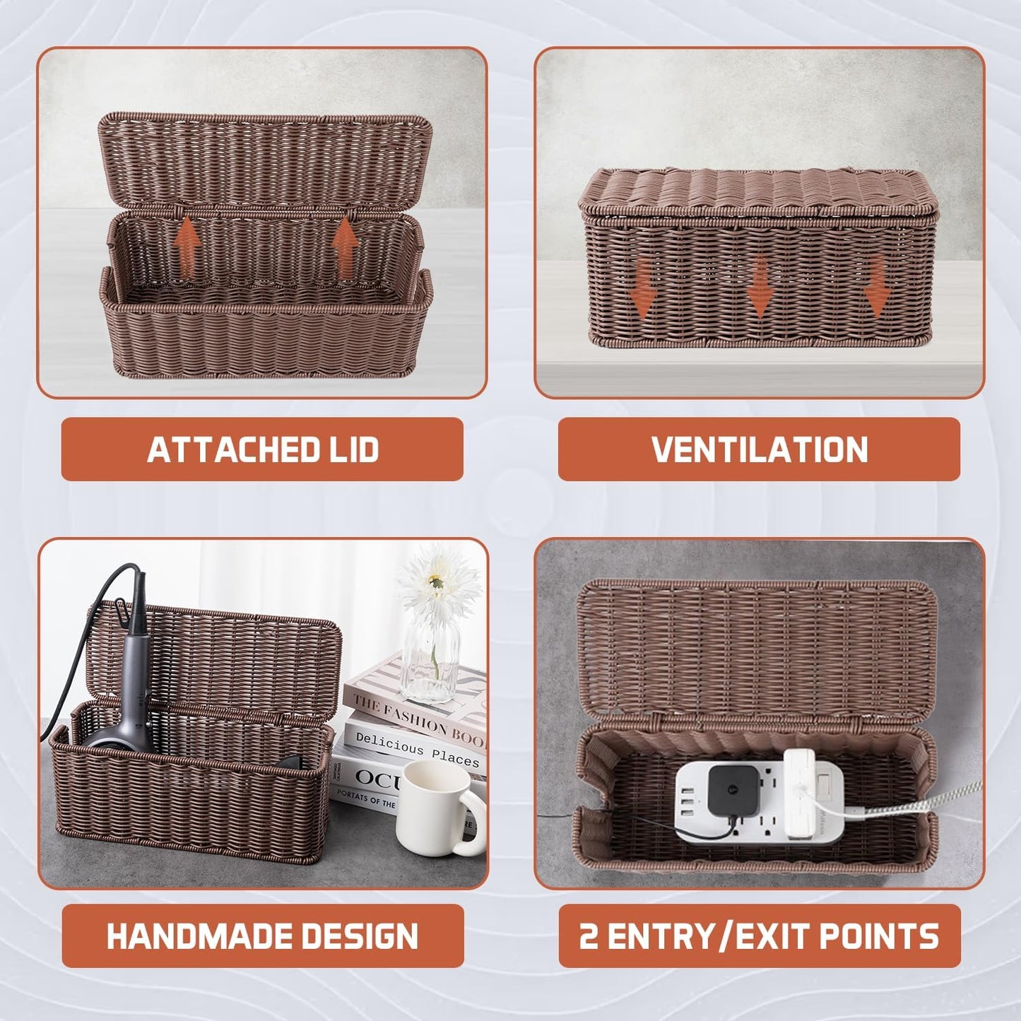 Cable Management Box, Handmade Rattan Cable Organizer with 2 Open Slots, Cord Hider for Power Strip, Router & USB Hub, Registered U.S. Design Patent (D1,112,102), 13" x 5.1" x 5.1", Natural