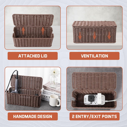 Cable Management Box, Handmade Rattan Cable Organizer with 2 Open Slots, Cord Hider for Power Strip, Router & USB Hub, Registered U.S. Design Patent (D1,112,102), 13" x 5.1" x 5.1", Natural