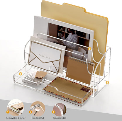 SANRUI Clear Desk Organizer Holder with Drawers, Acrylic Desktop Manila folders File Mail Sorter Box, Office Desk Accessories & Workspace Envelope Bill Letter Organization Racks, 3 Compartments