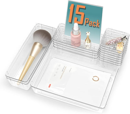 15Pcs Clear Plastic Drawer Organizers Set, 4size makeup drawer organizer trays for vanity/desk/bathroom/office/nightstand/gadgets for kitchen/desk drawer, Versatile drawer divider storage bins