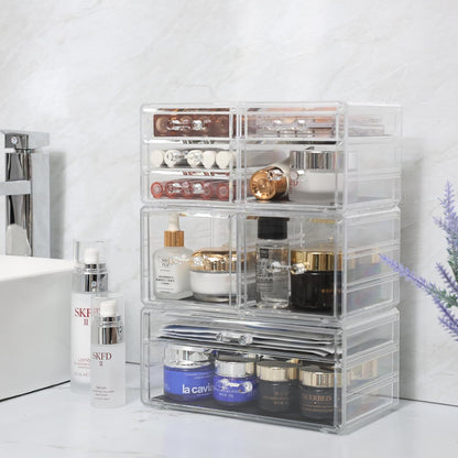 Cq acrylic 2 Pack Clear Desk Organizer With Drawers,Stackable 6 Drawers Skincare Organizer,Cute Skin Care Organizers for Vanity Hair Clip,Jewelry,Beauty Product Desk and Makeup Organizers Countertop