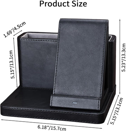 4 in 1 Wireless Charging Station with Desk Organizer, Leather Nightstand Office Organizer with Wireless Charger Stand for Multiple Devices iPhone 15 14 13 12 11 Pro Max and Samsung AirPods & iWatch