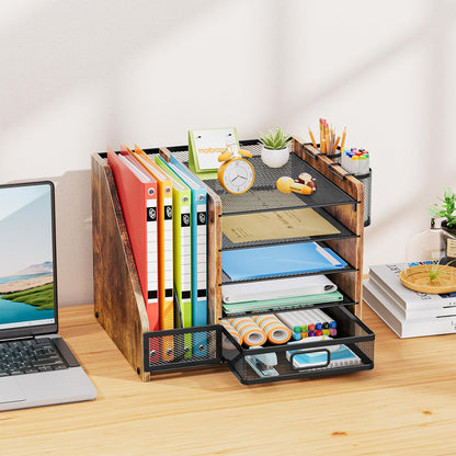 Marbrasse Desk Organizer with File Holder, 5-Tier Paper Letter Tray Organizer with Drawer and 2 Pen Holder, Mesh Desktop Organizer and Storage with Magazine Holder for Office Supplies(Black)