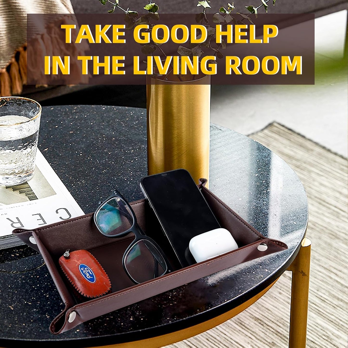 Valet Tray for Men Women - PU Leather Travel Catchall Tray Organizer - Desk Bedside Nightstand Storage Box for Jewelry Key Phone Remote Controller Wallet Watch Glasses Coin Readers -White