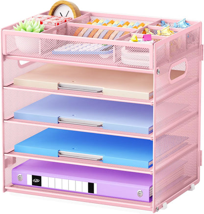Marbrasse 5-Tier Letter Tray Paper Organizer with Handle, Multi-Functional Mesh File Organizer for Desk, Adjustable Compartments Mesh Desktop Storage for Office Supplies,Black