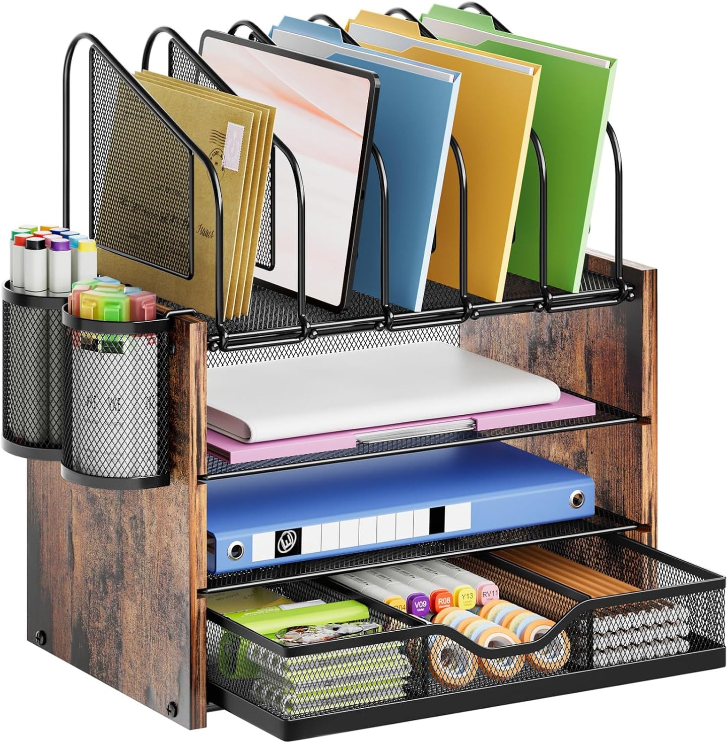 Marbrasse Desk Organizer with Drawer, 4-Tier Mesh File Organizer with 5 Vertical File Holders and 2 Pen Holders, Multifunction Desktop Organizer,Desk Organizers and Accessories for Home Office