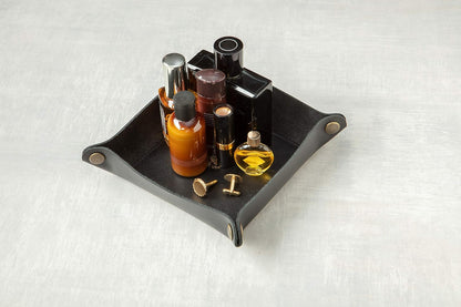 USA Handmade Premium Leather Valet Tray, Folds Flat! Dice Rolling Basket and Organizer with Brass Snaps - Reinforced Base - for Keys, Jewelry, Coin, EDC, Watch Storage Caddy - Black XLarge