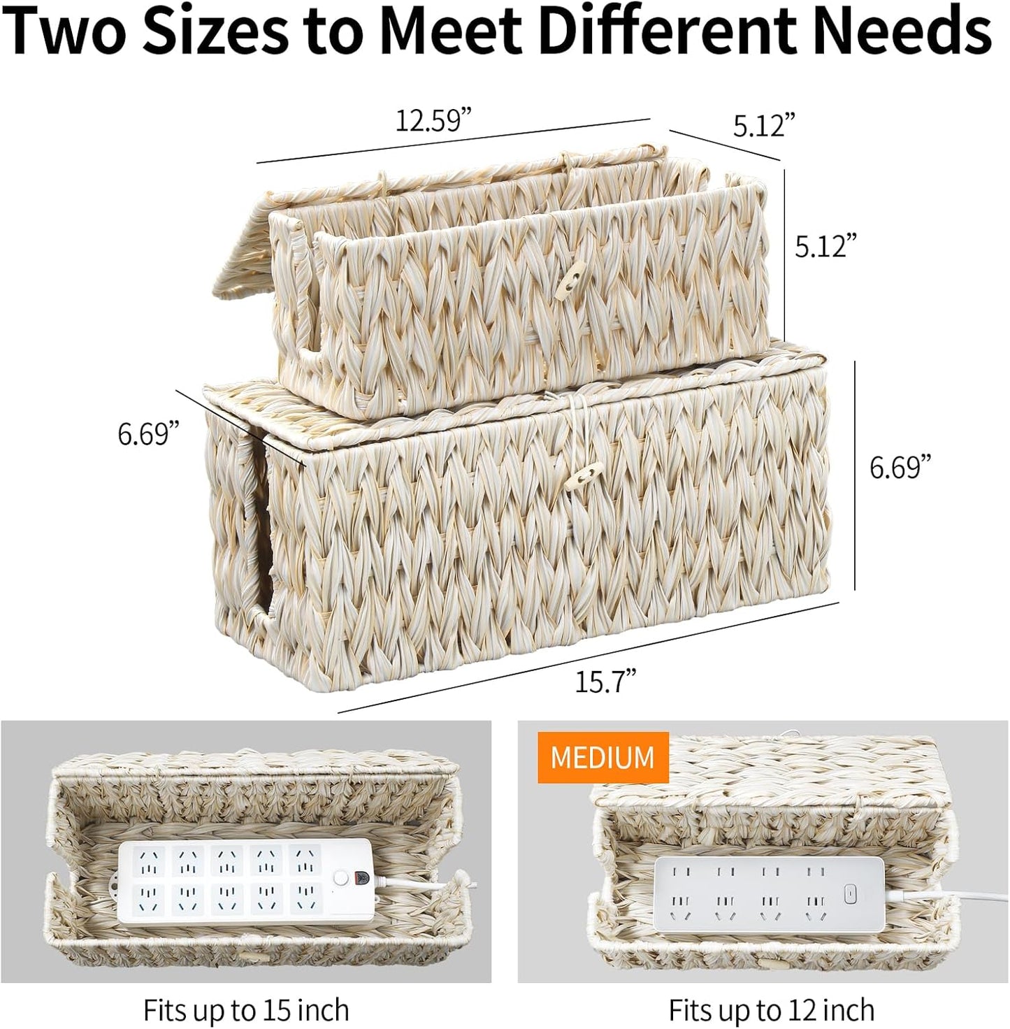 Coeusy Cable Management Box,Boho Decorative Handwoven 2 Open Slots Cord Organizer Hider Box with Lid for TV Wires, Computer, Router, USB Hub and Under Desk Power Strip